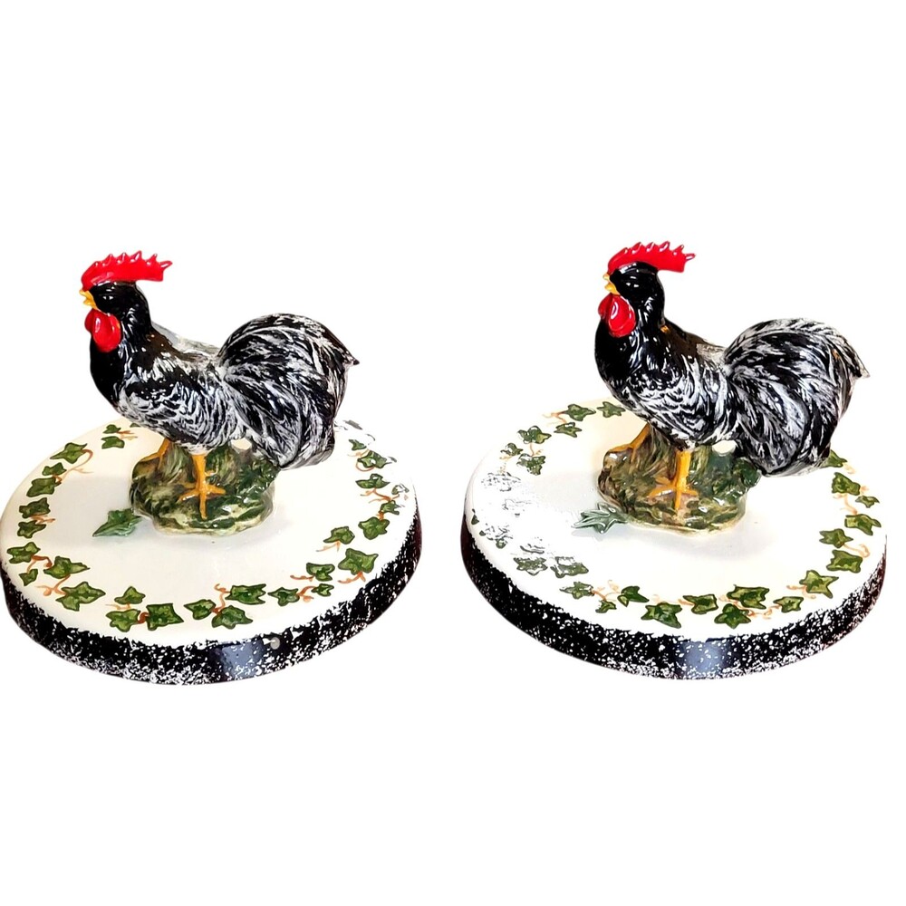 Set of 2 Black Rooster Ceramic Figurine Country Farmhouse Glazed Plate Cover